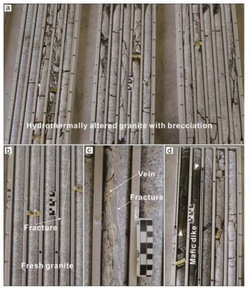 (a) 열수변질 된 춘천화강암 (b) 변질되지 않은 춘천화강암. 일부 파쇄대를 따라 광맥(흰색 점선)이 발달 (c) 파쇄대를 따라 발달한 광맥 (d) 화강암을 관입하고 있는 염기성 암맥. 암맥의 가장자리에는 냉각대(흰색 화살표)가 발달