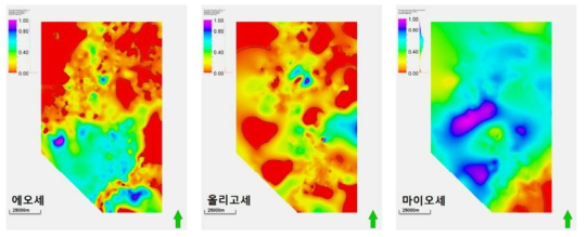 연구 지역 내 정규화 된 각 시대층 별 두께 분포 맵(붉은색 = 0(상대적으로 얇은 지역), 보라색 = 1(상대적으로 두꺼운 지역))