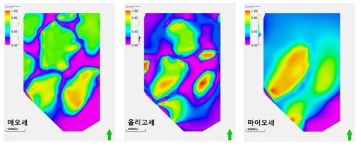 연구 지역 내 정규화 된 각 시대층 별 호성환경 맵