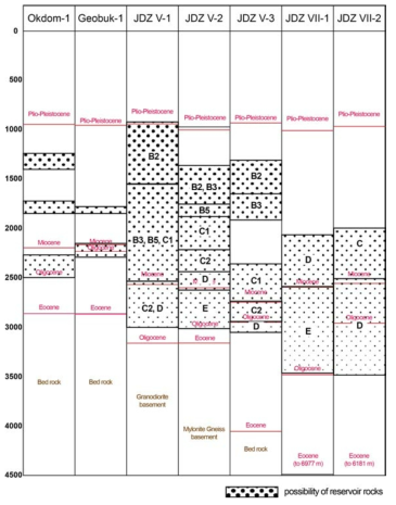 제주분지 내 시추공 별 잠재적 저류암 구간. 빨간색 선: 층서 구분선