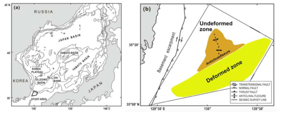 울릉분지 남서부의 지도(Jung and Hwang, 2008). (a) 남서부 경계의 변형대가 표시된 동해의 수심측정지도. (b) 후기 마이오세 동안 융기된 NE-SW 방향 변형대와 플라이오세 동안 융기된 배사요곡