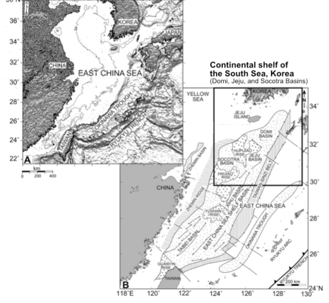 동중국해 (A) 지형도와 (B) 구조요소(Cukur et al., 2011). 도미분지, 제주분지, 소코트라분지가 남해 대륙붕에 위치해 있다