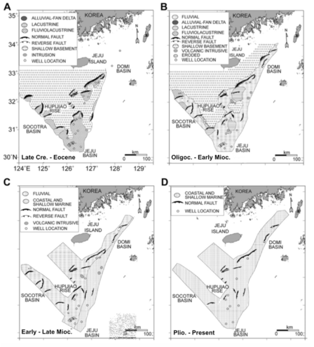 남해 퇴적분지들의 퇴적상 분포도(Cukur et al., 2011). (A) 후기 백악기-에오세 첫 번째 열개 단계. 충적선상지와 호소 환경이 발달하였다. (B) 올리고세-마이오세 초기 두 번째 열개 단계. 하성 하도 시스템으로 둘러싸인 소규모 호수들이 발달하였다. (C) 마이오세 초기-후기 후열개 단계. 하성 환경이 주를 이루었다. (D) 플라이오세-현재 동중국해 대륙붕 분지 북부 대부분에 해안-천해 환경이 주를 이루었다