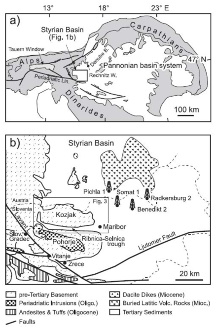 신신기 Styrian 분지의 위치와 지질도(Sachsenhofer et al.,1998)