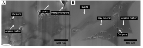 FIB를 활용해 전처리한 후 FE-SEM으로 관찰한 이차 전자 이미지. (A) 석영과 유기물이 관찰됨. 유기 공극과 입자 간 공극이 관찰되며 Ga+ 이온에 의해 밀링 시 발생하는 커튼 효과가 관찰됨. (B). 유기물과 유기 공극이 석영과 점토광물 사이에 관찰됨(박선영 등, 2020)