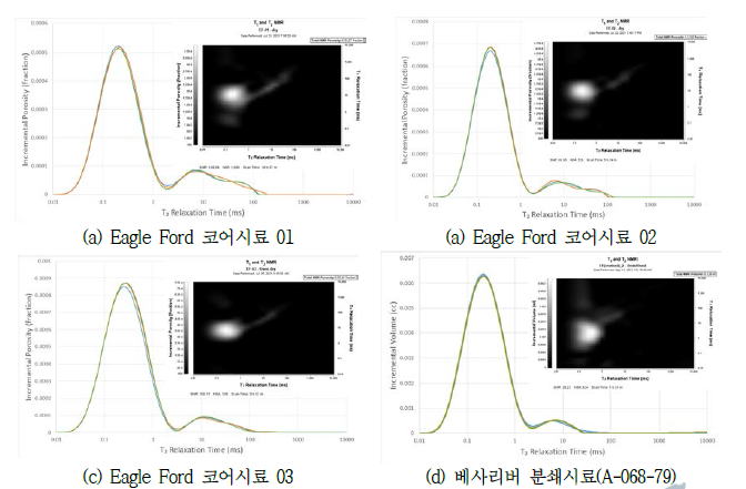 완전건조 상태 셰일시료의 T2 NMR 신호와 T1&T2 NMR 신호 특성