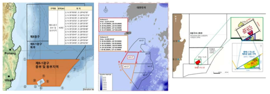 국내 대륙붕 개발을 위한 탐사권(좌), 조광권(중), 채취권 연장(우) 최근 허가 지역.