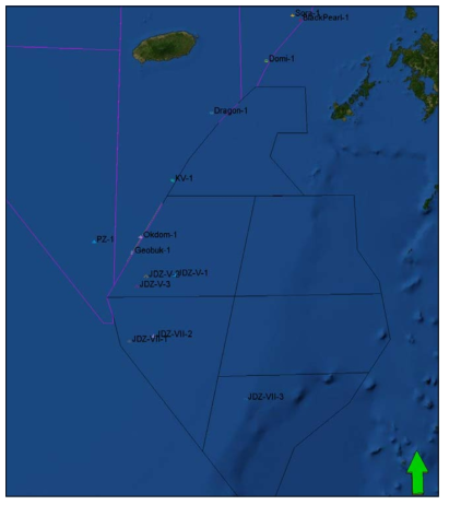 제주분지 내 4광구와 5광구 및 한일공동개발구역(JDZ)의 위치