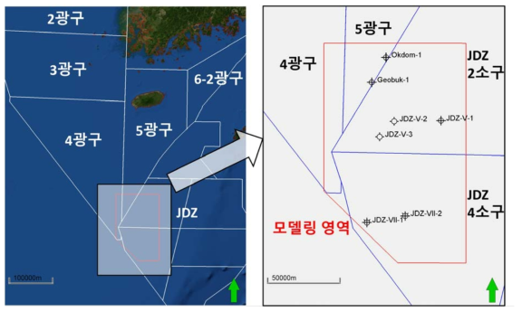 남해 일대 광구 위치(좌), 모델링 영역 내 시추공 자료 위치(우)