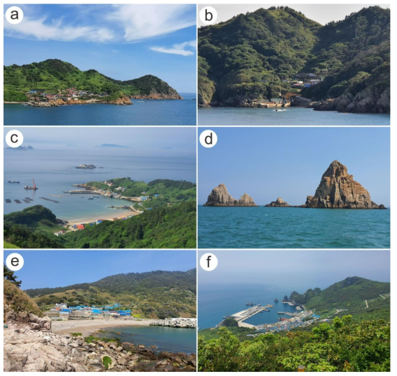 도폭구역의 주요 섬. (a) 상태도. (b) 중태도. (c) 하태도. (d) 간서도. (e) 만재도. (f) 가거도