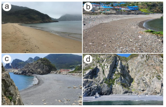 해빈퇴적층. (a) 하태도 장굴해수욕장. (b) 만재도 앞짝지해수욕장. (c) 가거도 동개해수욕장. (d) 가거도 동북 해안 중부