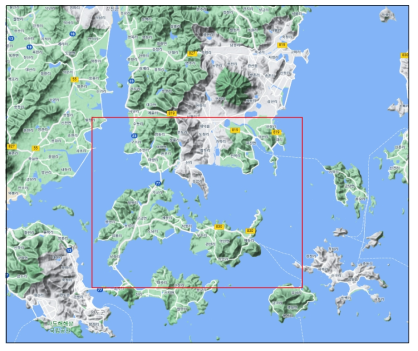 고금도도폭의 조사구역(적색구역) 및 위치도(Google Map)