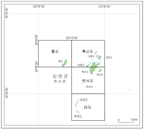 홍도·흑산도·변서도도폭의 위치도