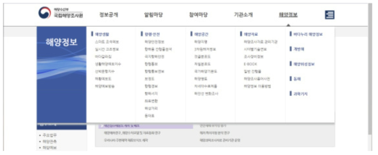 국립해양조사원 홈페이지에 게재된 해양정보 목록. 가운데  메뉴에서 해저지질주제도와 관련이 있는 다양한 도면들이 제작되는 것을 알 수 있다 (출처: 국립해양조사원e)