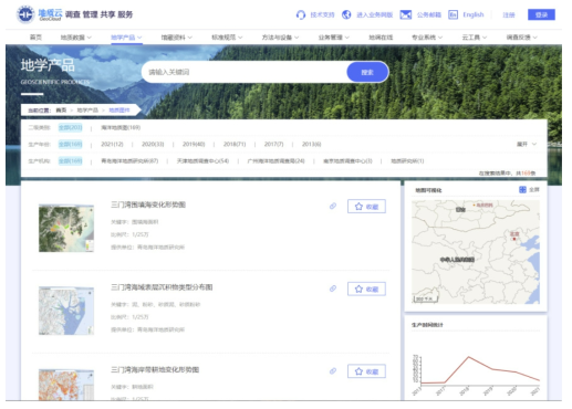칭다오해양지질연구소에서 구축한 “지질운(地質雲; GeoCloud)” 네트워크 데이터베이스 시스템. 분야별, 시기별 지질주제도가 검색되고 내려받기 할 수 있도록 제시되어 있다(출처: 천연자원부b)
