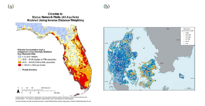염소 이온 농도 분포와 관련된 해외 사례, (a) Florida 대수층의 Cl 농도 분포(http://www.wwals.net/2015/09/27/florida-well-salinity-study/), (b) 덴마크 지하수의 Cl 농도 분포도(Kristiansen et al., 2011)
