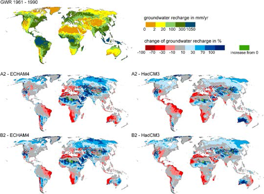 기후변화 시나리오별 전지구적 규모의 지하수 함양량 변화 예측(Döll, 2009)
