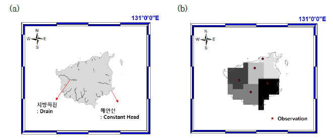울릉도 지하수 (a) 모델영역과 경계조건, (b) 울릉도 관측정 및 수리전도도 구역