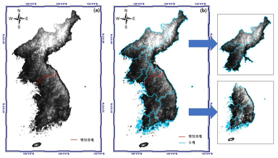 남·북한 지하수 모델링 영역 구분: (a) 이전 모델 영역, (b) 수정된 모델 영역