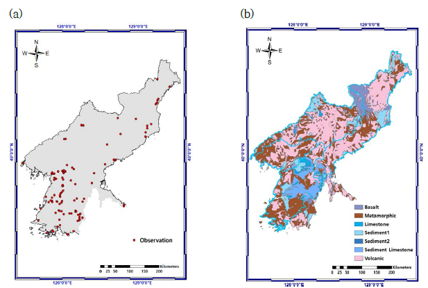 (a) 북한지역 지하수위 보정 기준점, (b) 북한지역 수문지질영역 분포