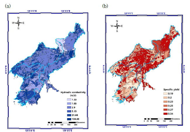(a) 지하수모델영역과 경계조건, (b) 북한지역의 2001년 ∼ 2018년 연평균 함양량