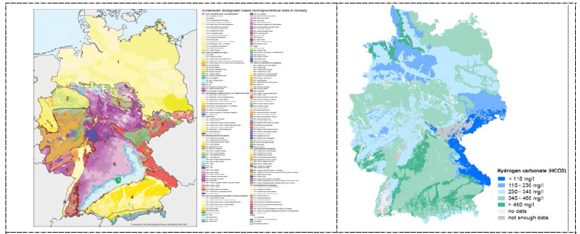 독일 대수층의 수리지구화학 단위 분류 및 지하수 중탄산(HCO3) 등급 지도 (BGR)