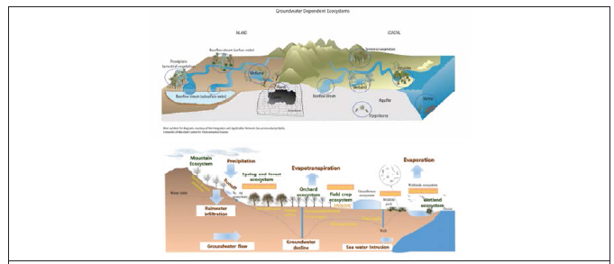 지하수의존계 모식도 (위) 및 기후 및 수문환경에 의한 GDE 영향 (아래) (www.industry.nsw.gov.au, Bouchaou et al., 2017)