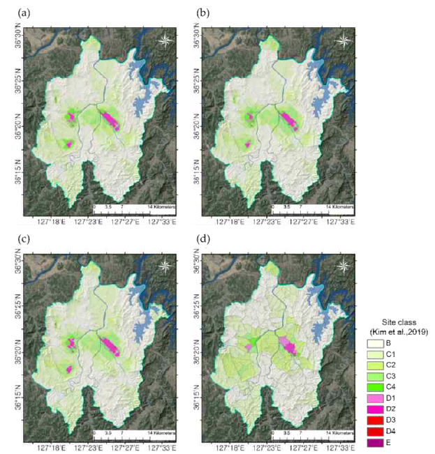 지진지반응답 매개변수별 부지분류 지도(Model I 적용): 대전지역 예시(Kim et al., 2020)