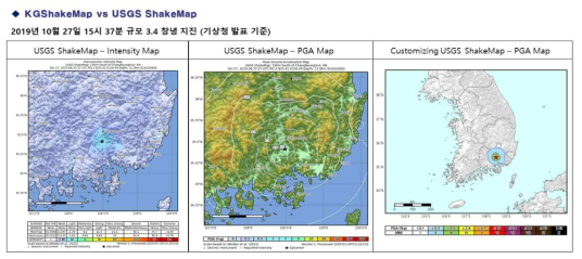 2019-10-27 15:37:26(KST) 규모 3.4 지진 진도도 비교 (USGS ShakeMap - Intensity Map (좌), USGS ShakeMap - PGA Map (가운데), Customizing USGS ShakeMap – PGA Map (우))