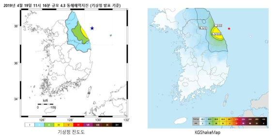 2019-04-19 11:16(KST) 규모 4.3 지진 진도도 비교 (기상청 계기진도도(좌), 신규 계측진도도(우))