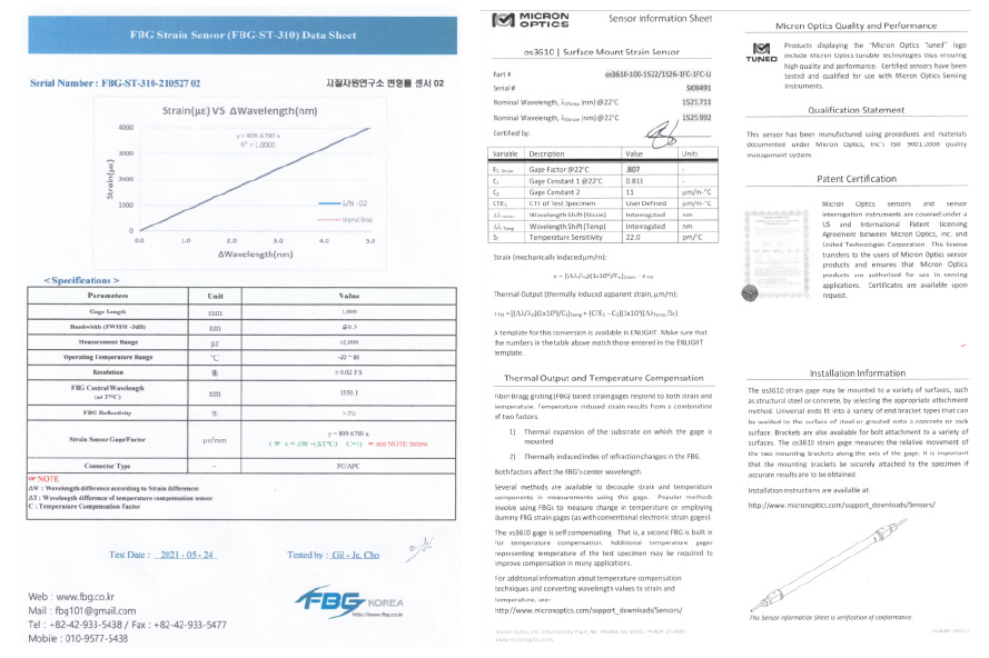 FBG 변위센서 주요 규격
