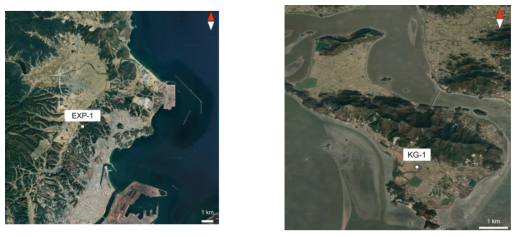 Location of Pohang EXP-1 (left) & Seokmo KG-1 (right)