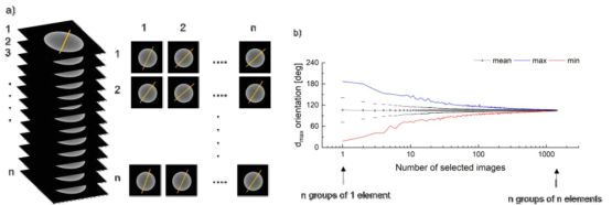 Schematic diagram of attaining representative value of core deformation information. (a) Random selection of slices (b) Variation of result with number of slices