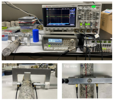 Experimental setup for evaluation of P-wave velocity in radial direction of cores