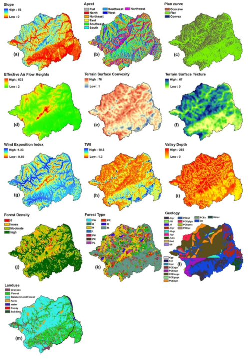 Landslide conditioning factor maps used in this study: (a) Slope, (b) Aspect, (c) Plan Curvature, (d) Effective Air Flow, (e) Terrain Surface Convexity, (f) Terrain Surface Texture, (g) Wind Exposition Index, (h) TWI, (i) Valley Depth, (j) Density of Forest, (k) Type of Forest, (l) Geology, (m) Land use