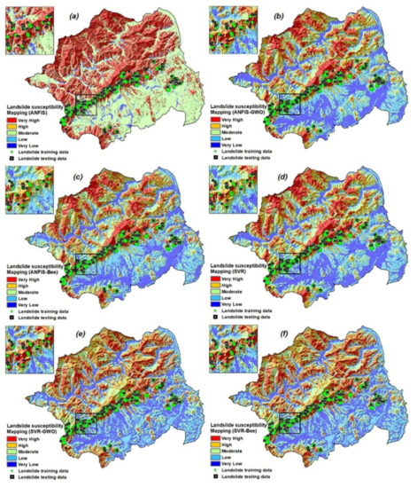 Landslide susceptibility map produced using (a) SVR, (b) SVR-GWO, and (c) SVR-Bee, (d) ANFIS, (e) ANFIS-GWO, and (f) ANFIS-Bee models