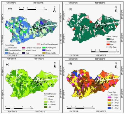 Forest-related landslide conditioning factors, (a) forest type, (b) forest density, (c) forest diameter, and (d) forest age