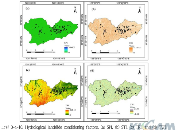 Hydrological landslide conditioning factors, (a) SPI, (b) STI, (c) TRI, and (d) TWI