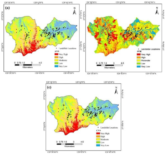 Landslide susceptibility maps at the south of Yangyang using (a) ANN, (b) SVM, and (c) CNN