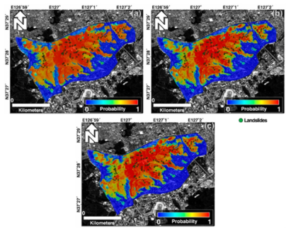 Landslide susceptibility maps generated using deep learning models: Using a (a) deep neural network (DNN), (b) kernel-based DNN, NS (c) convolutional neural network (CNN) model