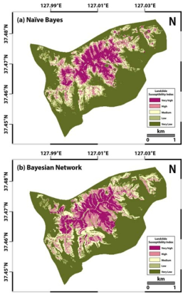 Landslide susceptibility maps generated using machine learning classifiers: using (a) Naïve Bayes; (b) Bayesian Network