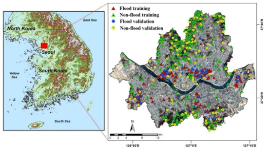 Location of the study area in South Korea and map of flooded and non-flooded locations