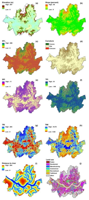 Flood-influencing factors: a) elevation, b) slope percent, c) SFL, d) curvature, e) SPI, f) TPI, g) TRI, h) TWI, i) distance to river, and j) land use