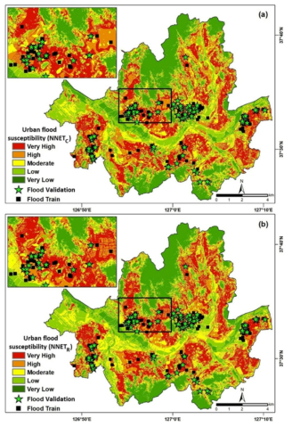 Urban flood susceptibility maps produced using: a) NNETC and b) NNETR