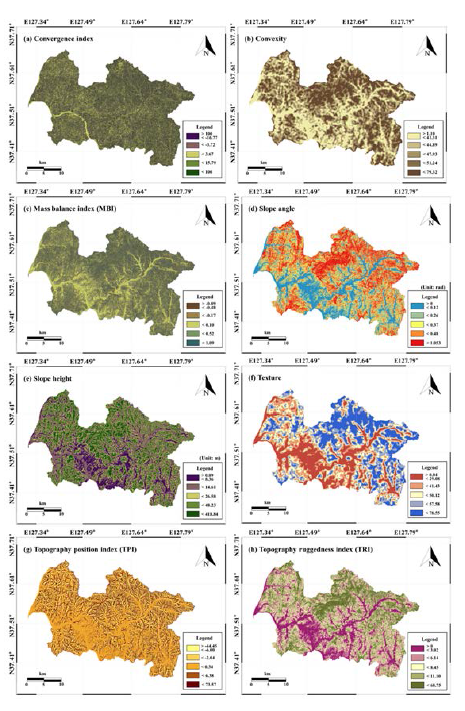 Groundwater conditioning factors I: (a) Convergence Index, (b) Convexity, (c) Mass balance index (MBI), (d) Slope angle, (e) Slope height, (f) Texture, (g) Topography position index (TPI) and (h) Topography ruggedness index (TRI)