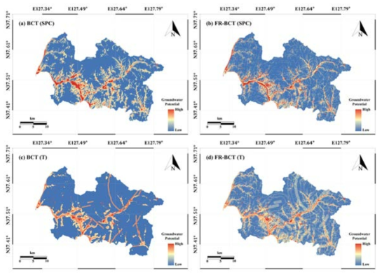 Groundwater potential maps based on (a) boosted classification tree (BCT) and (b) frequency ratio (FR)-BCT models with specific capacity (SPC) data, and (c) BCT and (d) FR-BCT models with transmissivity (T) data