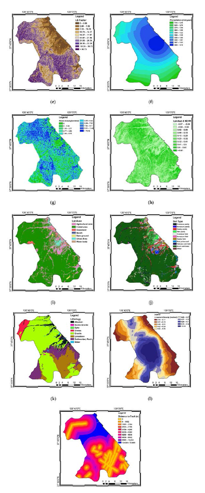 Selected groundwater-related factors: (a) elevation, (b) slope, (c) slope height, (d) TWI, (e) LS, (f) precipitation, (g) water density, (h) NDWI, (i) land use, (j) soil type, (k) lithology, (l) lineament density, and (m) distance to fault