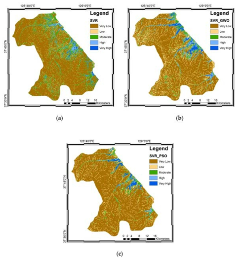 Groundwater potential maps generated using three algorithms: (a) SVR algorithm, (b) SVR_GWO algorithm, and (c) SVR_PSO algorithm