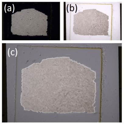 서로 다른 편광 조건 하에서 촬영된 동일 암석 박편 사진. (a)XPL, (b)PPL, (c)비교를 위하여 XPL 사진을 반투명으로 PPL 사진에 합성한 사진