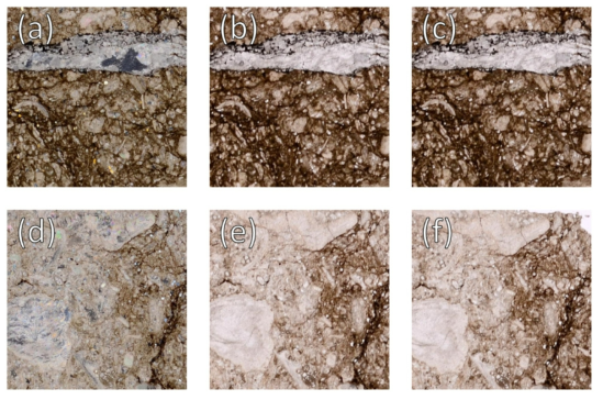 FOV 보정 전후의 분할된 이미지 비교. (a,b,c)왜곡 중심부, (d,e,f)외곽부, (a,d)XPL, (b,e)보정된 PPL, (c,f)미보정 PPL 사진